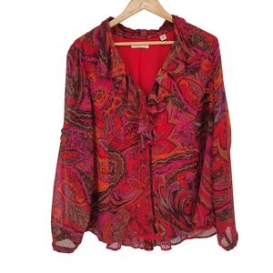 Coldwater Creek Red Pink Paisley Ruffle Front Bohemian Artsy 90s Blouse 2XL Folk